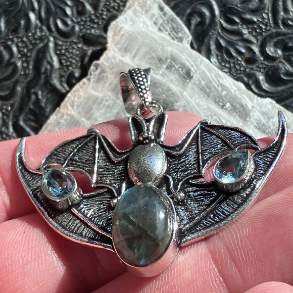 Halloween Flying Vampire Bat Labradorite and Blue Topaz Gemstone Crystal Jewelry - Picture 4 of 7